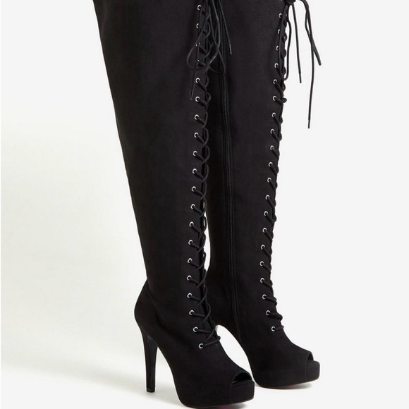 torrid Shoes - 🖤 Torrid Thigh-High Lace-Up Peep Toe Platform Boots – 7.5WW 🖤